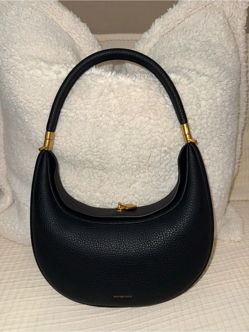 Songmont Luna Black Pebble Leather Crescent Shoulder Bag with Gold Hardware